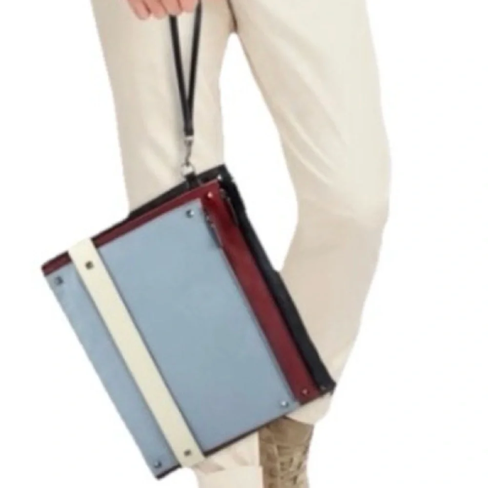Valentino Garavani Rockstud Triple Zip Clutch in Calfskin Leather Red/Blk/Blu/Wh